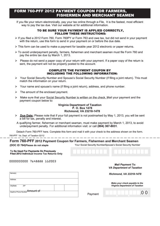 Fillable Form 760-Pff - Payment Coupon For Farmers, Fishermen And Merchant Seamen - 2012 Printable pdf