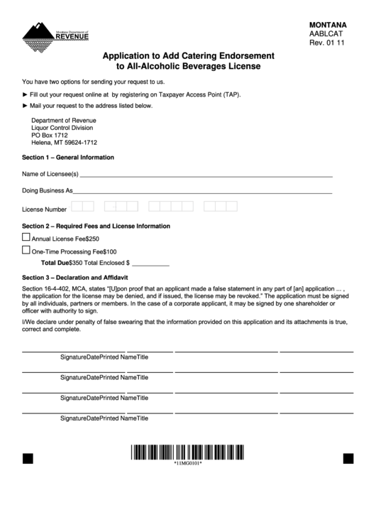 Form Montana Aablcat - Application To Add Catering Endorsement To All-Alcoholic Beverages License Printable pdf