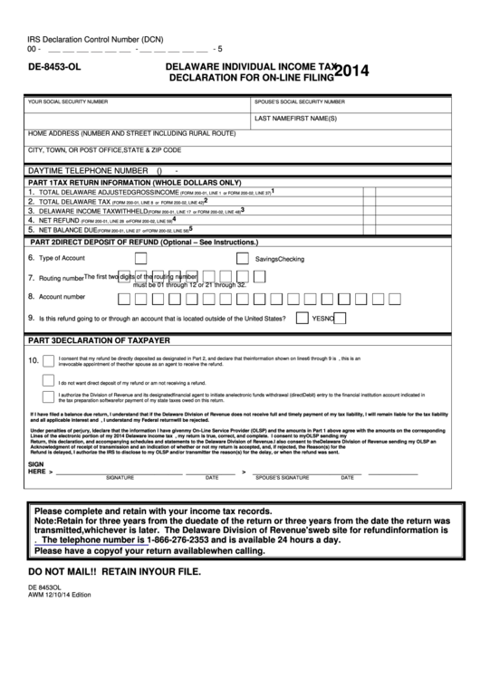 Fillable Form De-8453-Ol - Delaware Individual Income Tax Declaration For On-Line Filing - 2014 Printable pdf
