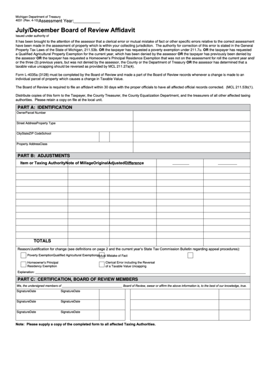 Fillable Form 4031 - July/december Board Of Review Affidavit Printable pdf