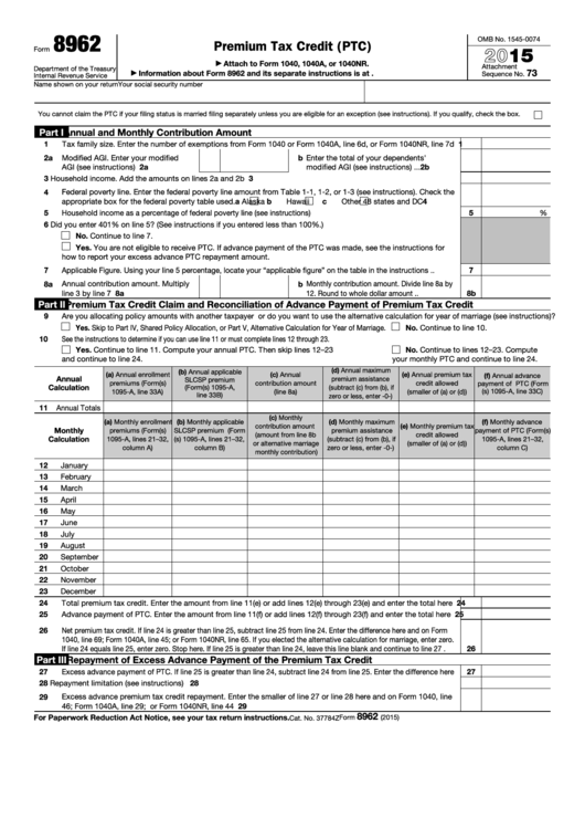 Form 8962 - Premium Tax Credit (ptc) - 2015