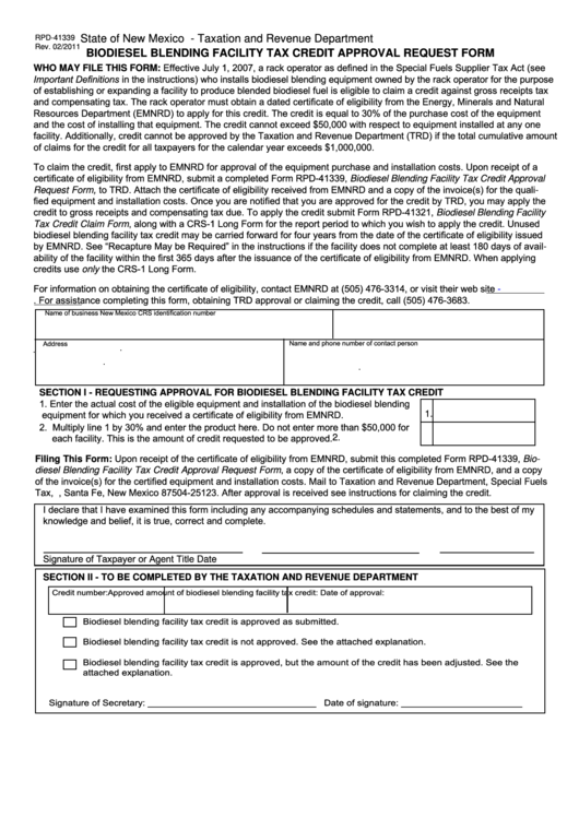 Fillable Form Rpd-41339 - Biodiesel Blending Facility Tax Credit Approval Request Form Printable pdf