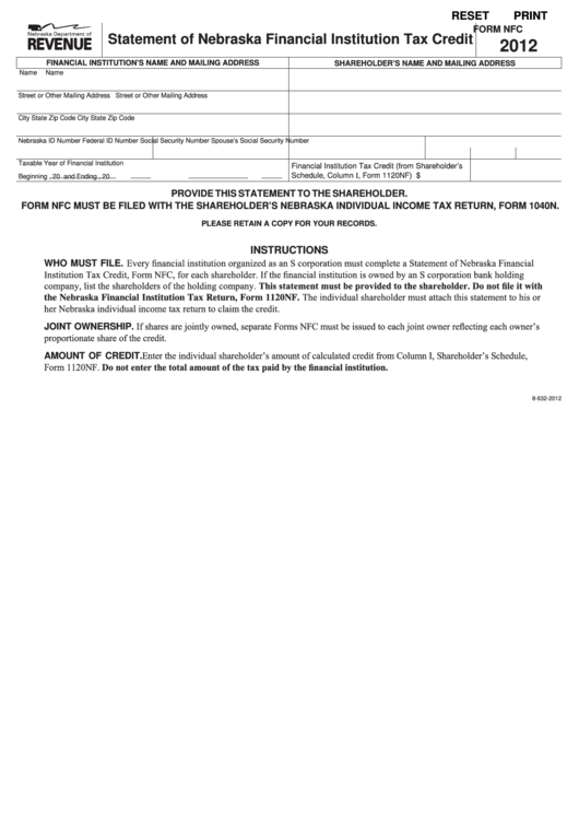 Fillable Form Nfc - Statement Of Nebraska Financial Institution Tax Credit - 2012 Printable pdf