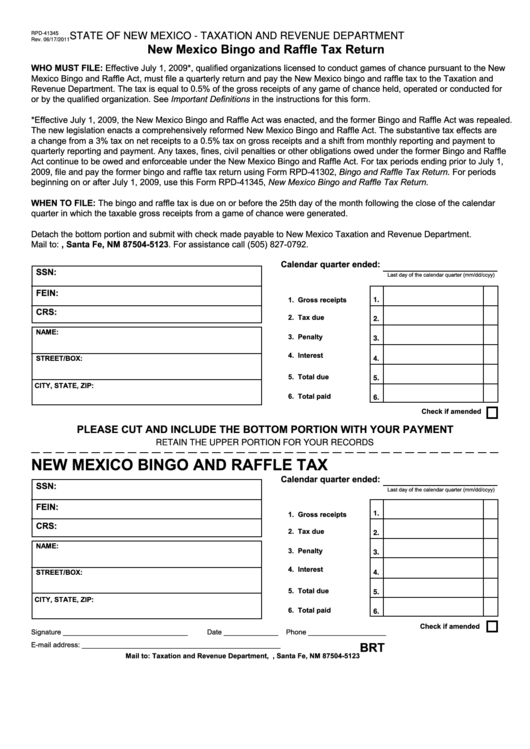 Fillable Form Rpd-41345 - New Mexico Bingo And Raffle Tax Printable pdf