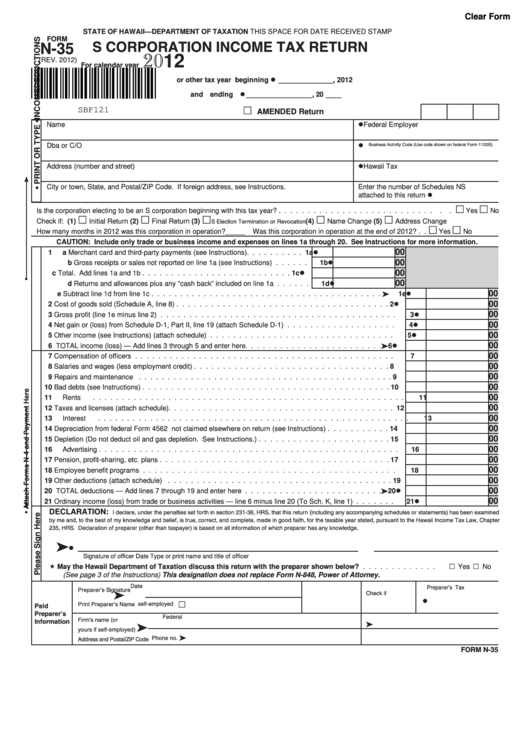 Form N-35 - S Corporation Income Tax Return - 2012