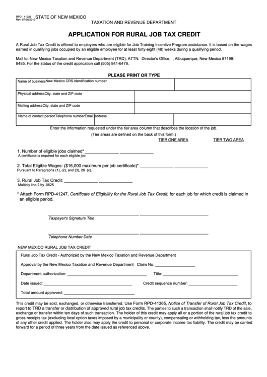 Fillable Form Rpd-41238 - Application For Rural Job Tax Credit Printable pdf