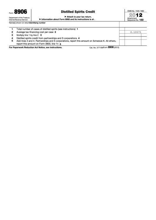 Fillable Form 8906 - Distilled Spirits Credit - 2012 Printable pdf