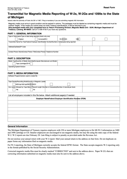 Fillable Form 447 - Transmittal For Magnetic Media Reporting Of W-2s, W-2gs And 1099s To The State Of Michigan Printable pdf