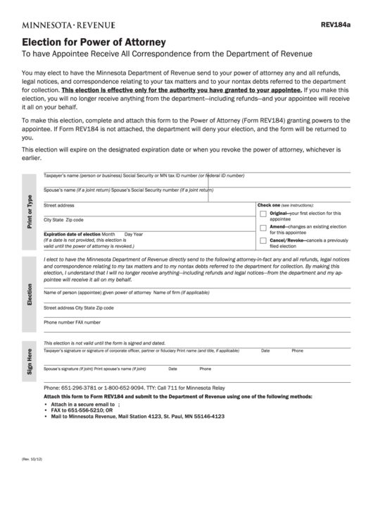 Fillable Form Rev184a - Election For Power Of Attorney Printable pdf