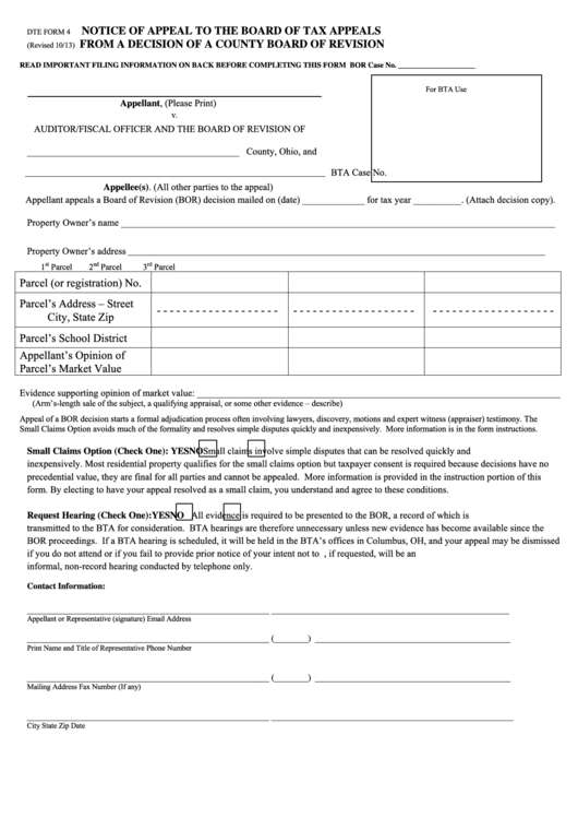Fillable Dte Form 4 - Notice Of Appeal To The Board Of Tax Appeals From A Decision Of A County Board Of Revision Printable pdf