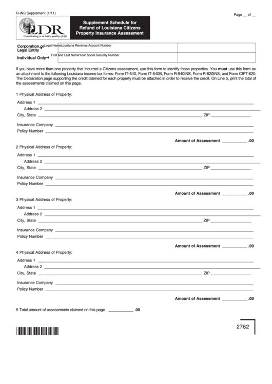 Fillable Form R-Ins Supplement - Supplement Schedule For Refund Of Louisiana Citizens Property Insurance Assessment - 2011 Printable pdf