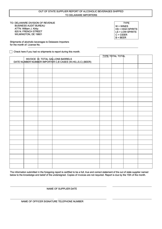 Fillable Out Of State Supplier Report Of Alcoholic Beverages Shipped To Delaware Importers Printable pdf