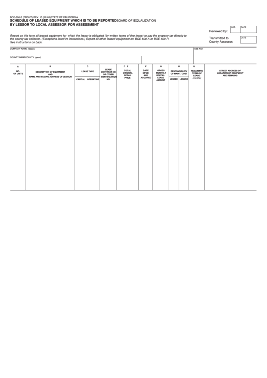 Fillable Form Boe-600-B - Schedule Of Leased Equipment Which Is To Be Reported By Lessor To Local Assessor For Assessment Printable pdf
