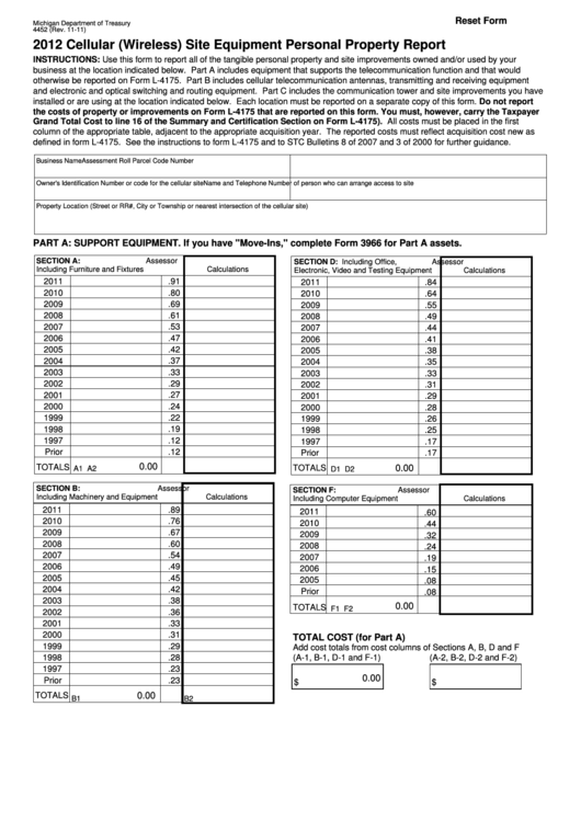 Fillable Form 4452 - Cellular (Wireless) Site Equipment Personal Property Report - 2012 Printable pdf