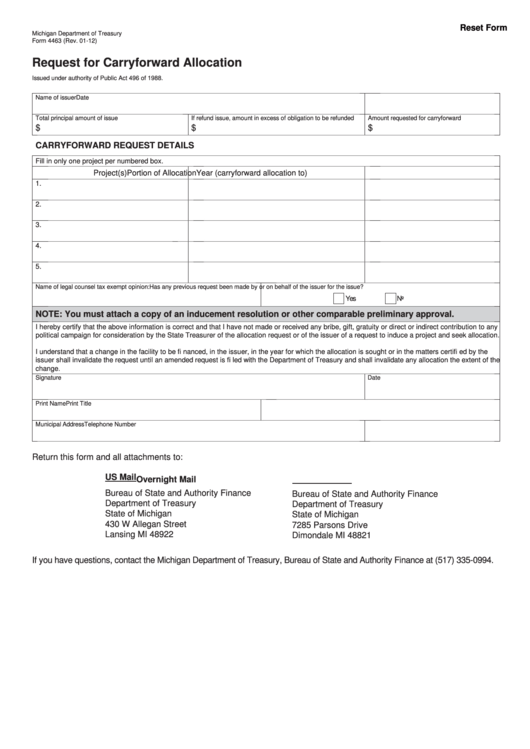 Fillable Form 4463 - Request For Carryforward Allocation Printable pdf