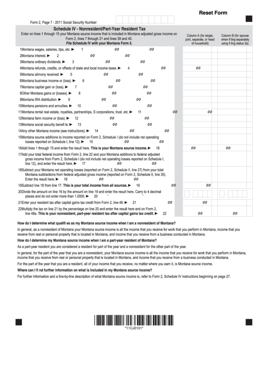 Fillable Schedule Iv - Nonresident/part-Year Resident Tax - 2011 Printable pdf