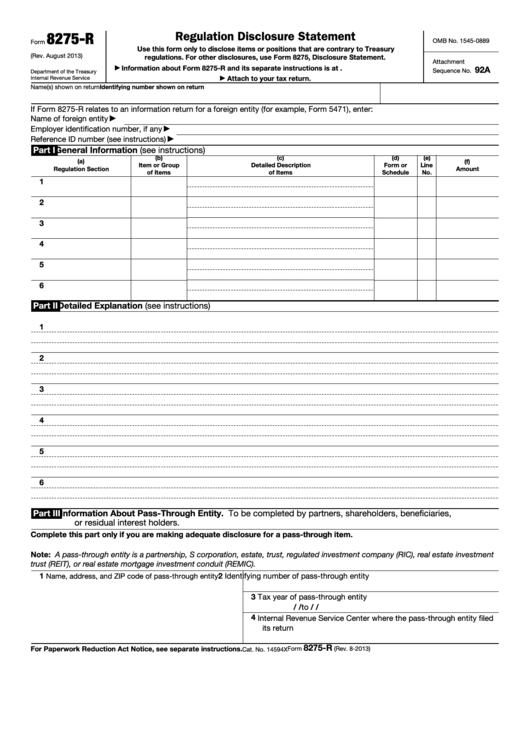 Fillable Form 8275-R - Regulation Disclosure Statement Printable pdf