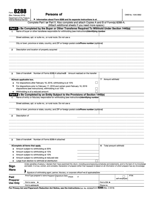 Fillable Form 8288 - U.s. Withholding Tax Return For Dispositions By Foreign Persons Of U.s. Real Property Interests Printable pdf