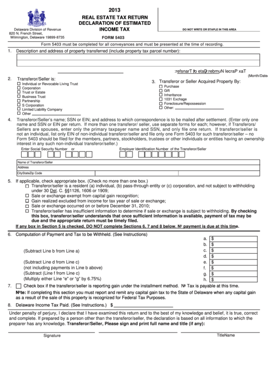 Fillable Form 5403 - Real Estate Tax Return Declaration Of Estimated Income Tax - 2013 Printable pdf