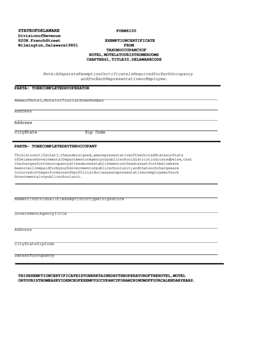 Fillable Form 6100 - Exemption Certificate From Tax On Occupancy Of Hotel, Motel & Tourist Home Rooms Printable pdf