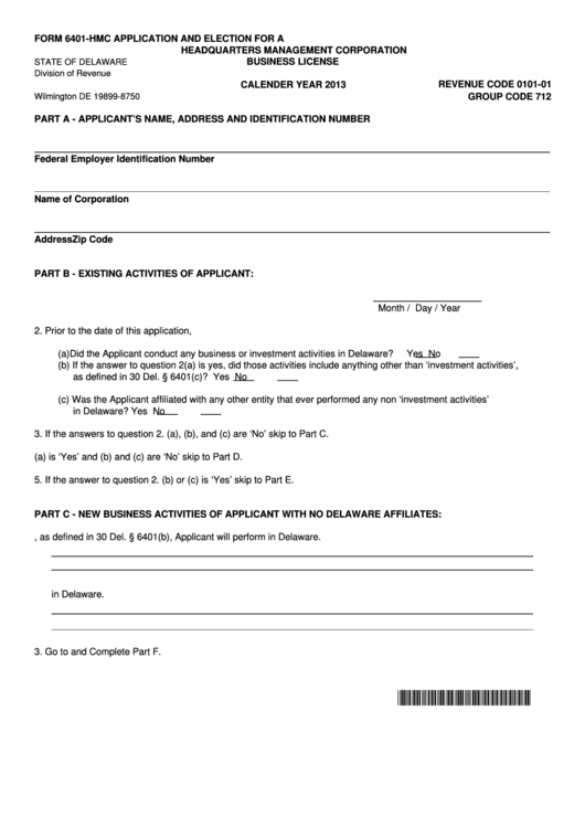 Fillable Form 6401-Hmc - Application And Election For A Headquarters Management Corporation Business License - 2013 Printable pdf