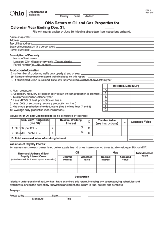 Fillable Form Dte 6 - Ohio Return Of Oil And Gas Properties Printable pdf
