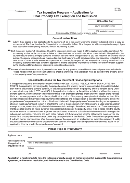 Fillable Form Dte 24 - Tax Incentive Program - Application For Real Property Tax Exemption And Remission Printable pdf