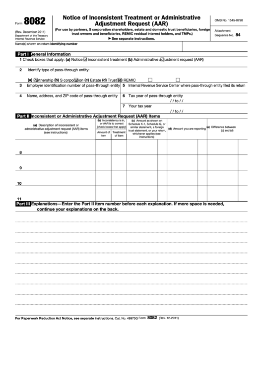 Fillable Form 8082 - Notice Of Inconsistent Treatment Or Administrative Adjustment Request (Aar) Printable pdf
