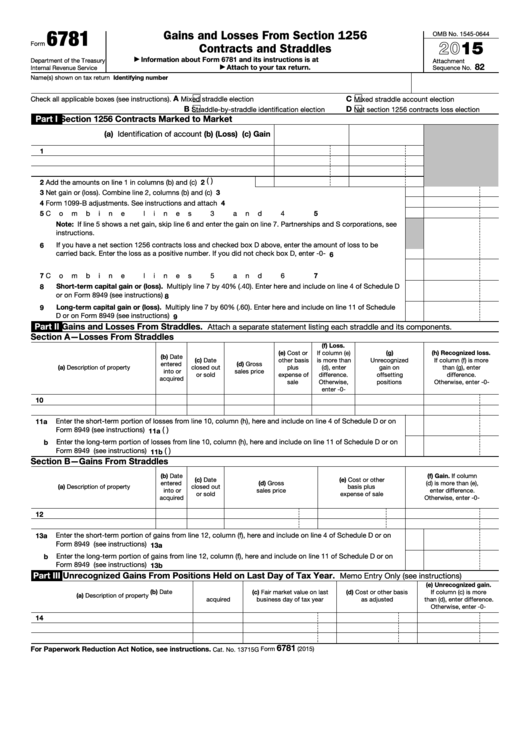 Fillable Form 6781 - Gains And Losses From Section 1256 Contracts And Straddles - 2015 Printable pdf
