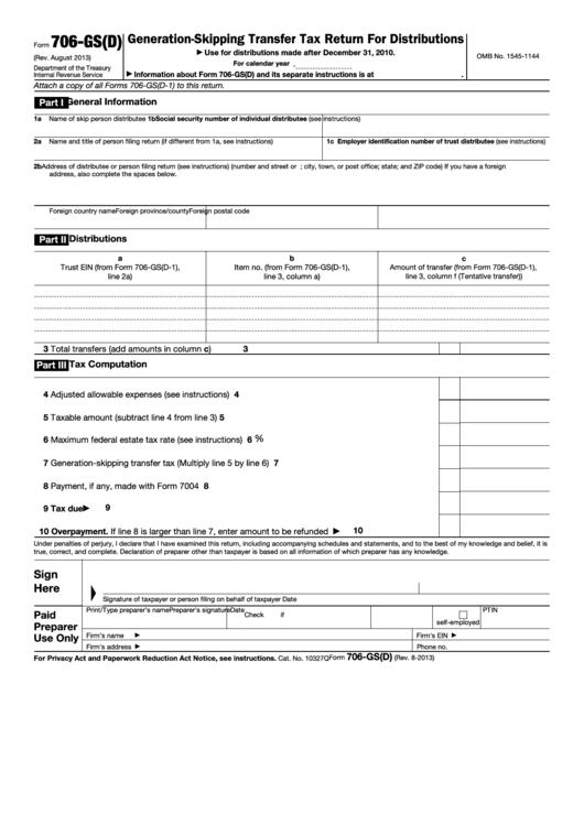 Fillable Form 706-Gs(D) - Generation-Skipping Transfer Tax Return For Distributions Printable pdf