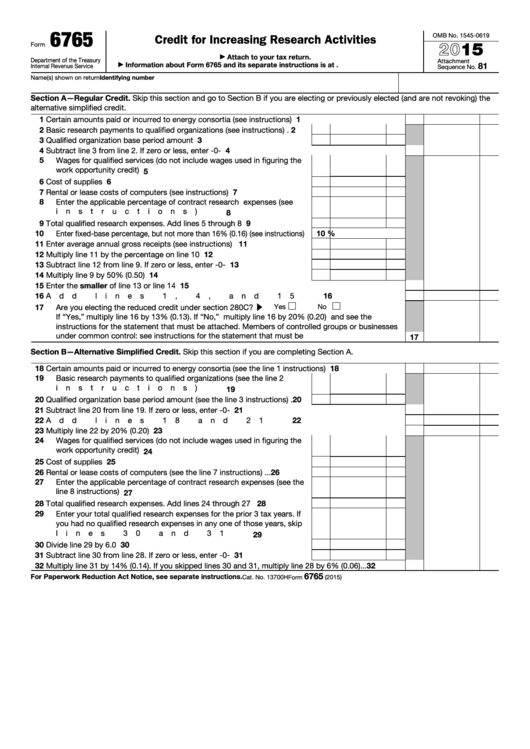 Fillable Form 6765 - Credit For Increasing Research Activities - 2015 Printable pdf