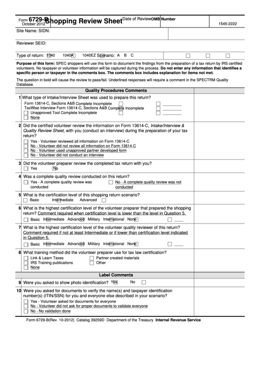 Fillable Form 6729-B - Shopping Review Sheet Printable pdf