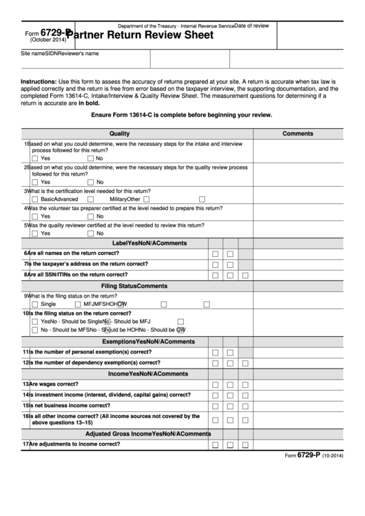 Fillable Form 6729-P - Partner Return Review Sheet Printable pdf