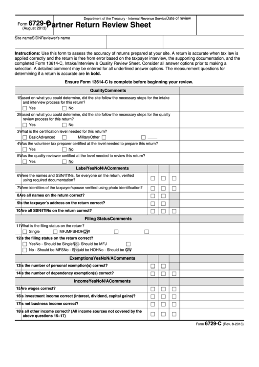 Fillable Form 6729-C - Partner Return Review Sheet Printable pdf