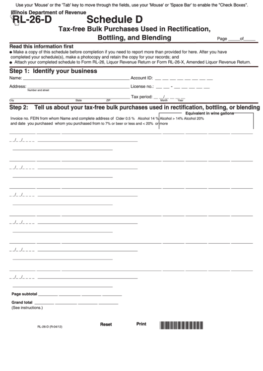 Fillable Form Rl-26-D - Tax-Free Bulk Purchases Used In Rectification, Bottling, And Blending Printable pdf