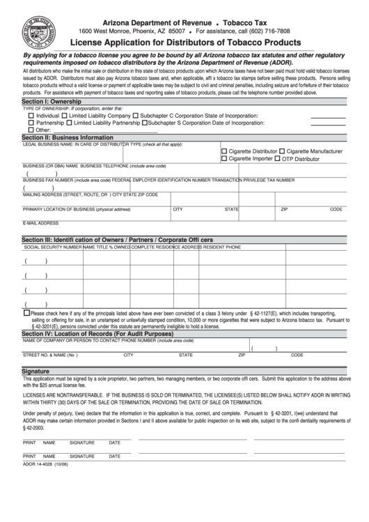 Fillable Form Ador 14-4028 - License Application For Distributors Of Tobacco Products Printable pdf