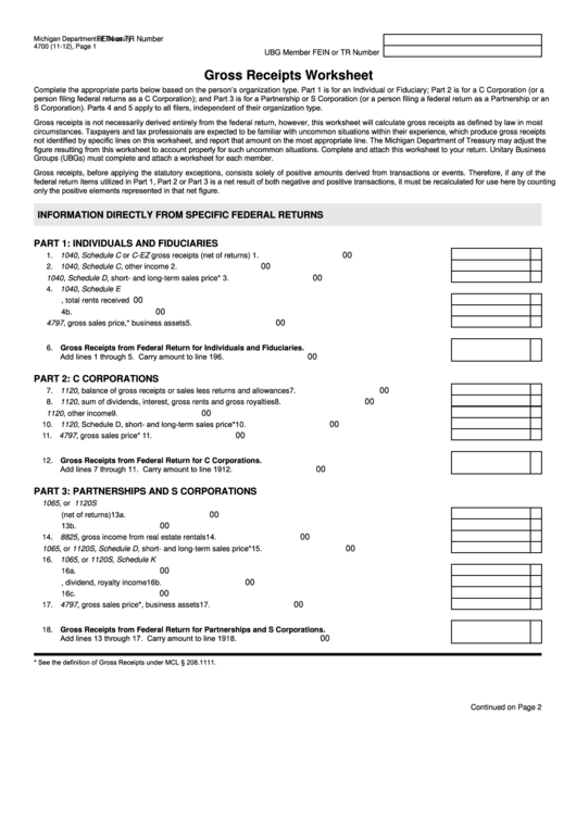 Form 4700 - Gross Receipts Worksheet Printable pdf