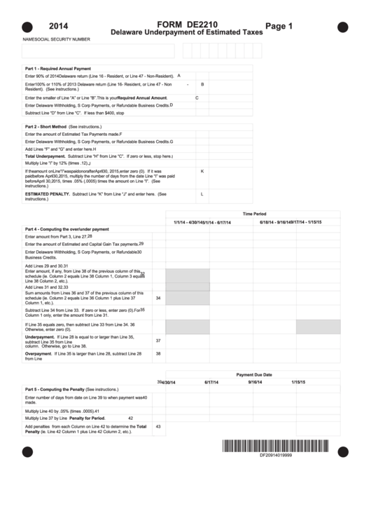 Fillable Form De2210 - Delaware Underpayment Of Estimated Taxes - 2014 Printable pdf