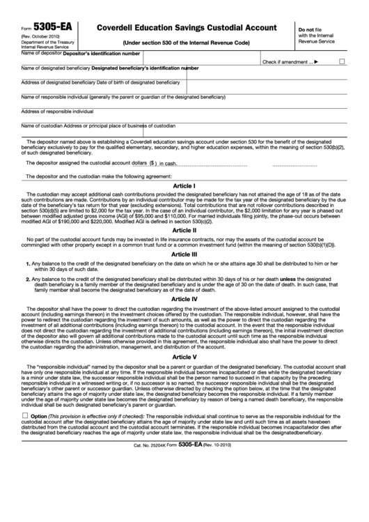 Fillable Form 5305-Ea - Coverdell Education Savings Custodial Account Printable pdf