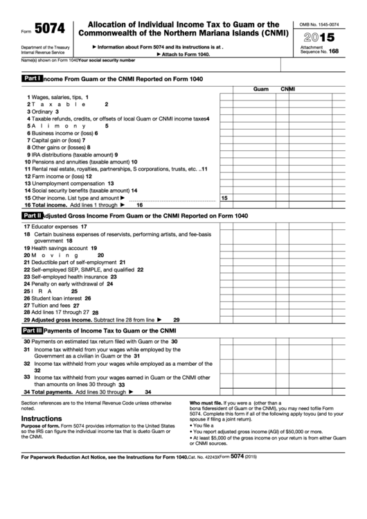 Fillable Form 5074 - Allocation Of Individual Income Tax To Guam Or The Commonwealth Of The Northern Mariana Islands (Cnmi) - 2015 Printable pdf