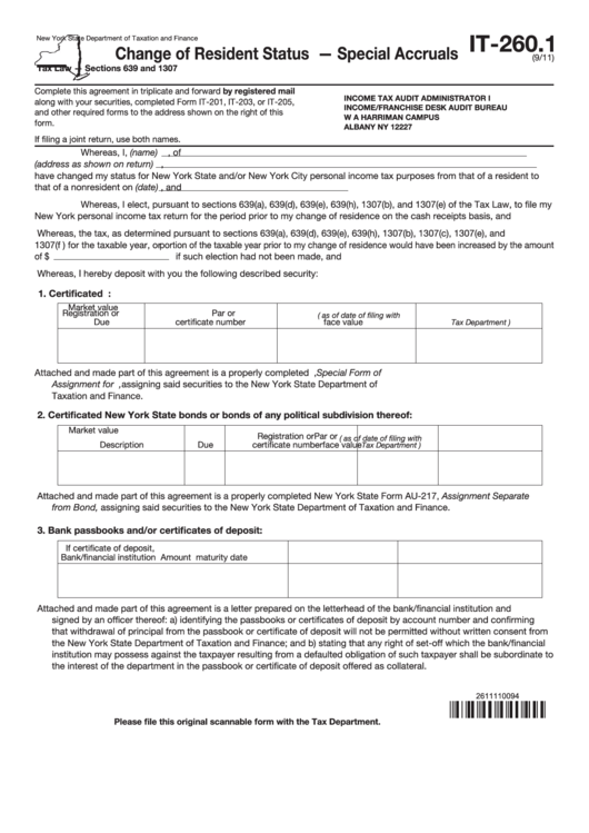 Fillable Form It-260.1 - Change Of Resident Status-Special Accruals Printable pdf