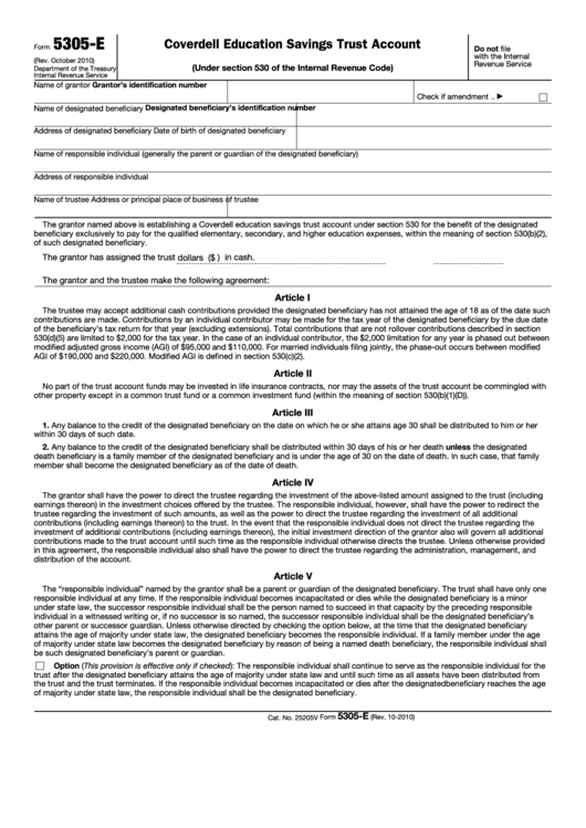 Fillable Form 5305-E - Coverdell Education Savings Trust Account Printable pdf