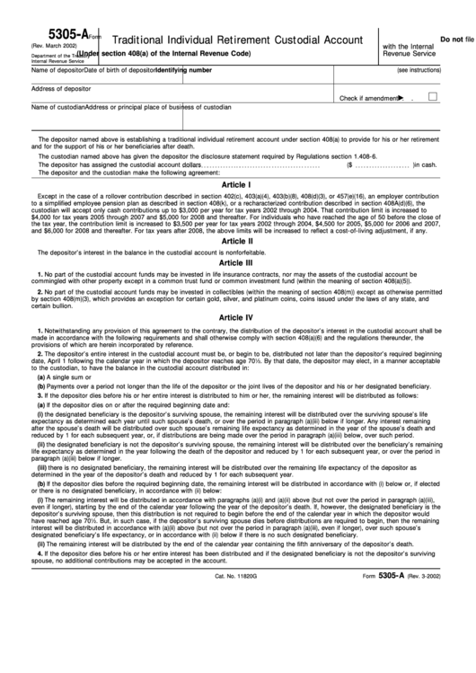 Fillable Form 5305-A - Traditional Individual Retirement Custodial Account Printable pdf