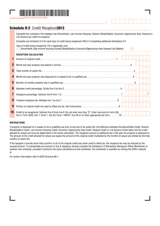 Fillable Schedule H-2 - Credit Recapture - 2013 Printable pdf