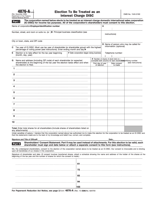 Fillable Form 4876-A - Election To Be Treated As An Interest Charge Disc Printable pdf