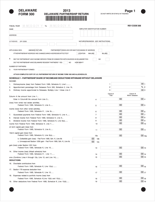Fillable Form 300 - Delaware Partnership Return - 2013 Printable pdf