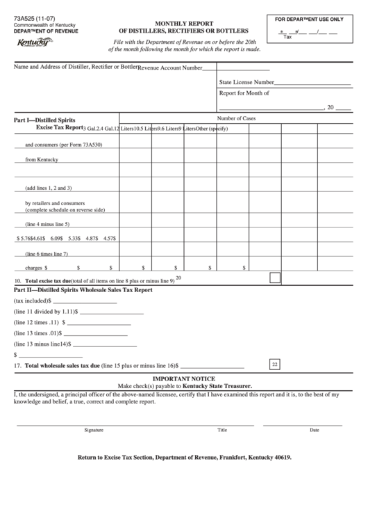 Fillable Form 73a525 - Monthly Report Of Distillers, Rectifiers Or Bottlers Printable pdf