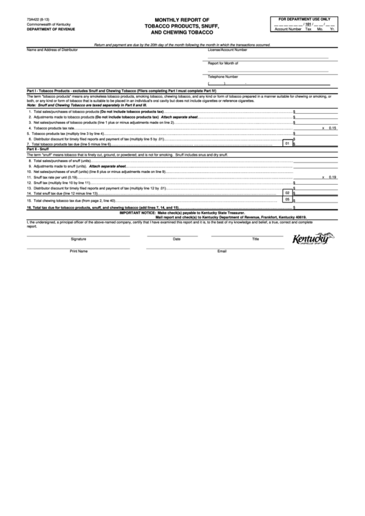 Fillable Form 73a422 - Monthly Report Of Tobacco Products, Snuff, And Chewing Tobacco Printable pdf
