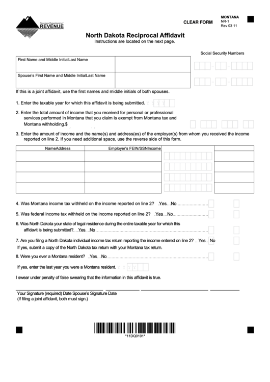 Fillable Form Nr-1 - North Dakota Reciprocal Affidavit Printable pdf