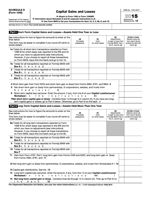 Fillable Schedule D (Form 1040) - Capital Gains And Losses - 2015 Printable pdf